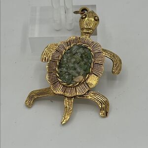 Large Vintage Articulated Sea Turtle Pendant Gold tone with Green Stone